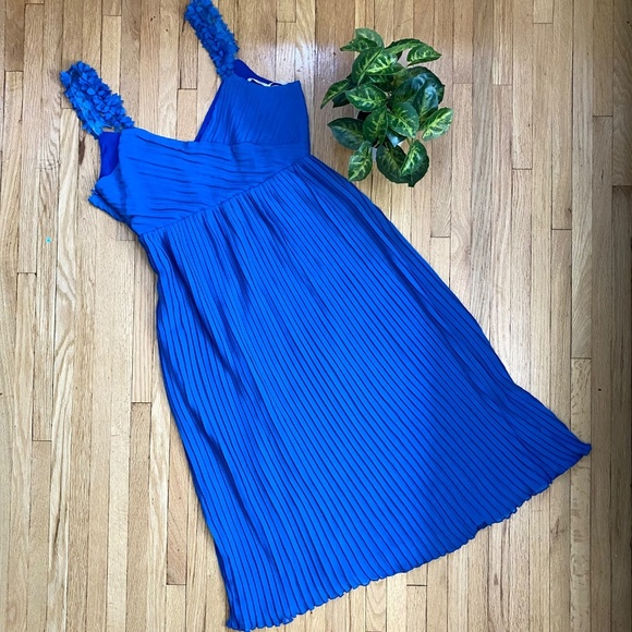 NWT Foxiedox Pleated Front Slit Floral Strap Sapphire Blue Midi Dress Size L - Picture 14 of 16